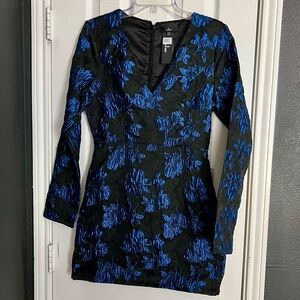 Lulus Elegant Taste Black and Blue Floral Jacquard Mini Dress Sz S